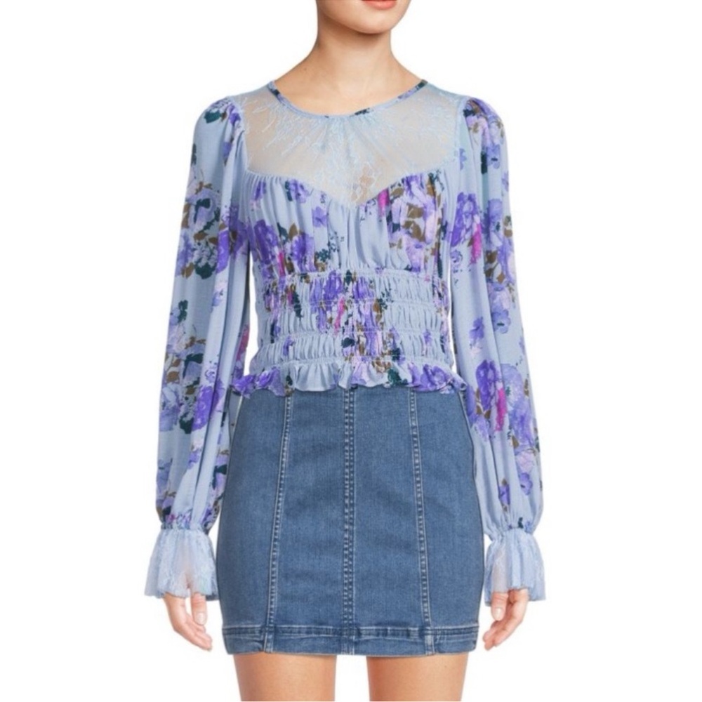 FREE PEOPLE Boho Long Sleeve Daphne Floral & Lace Peasant Top L